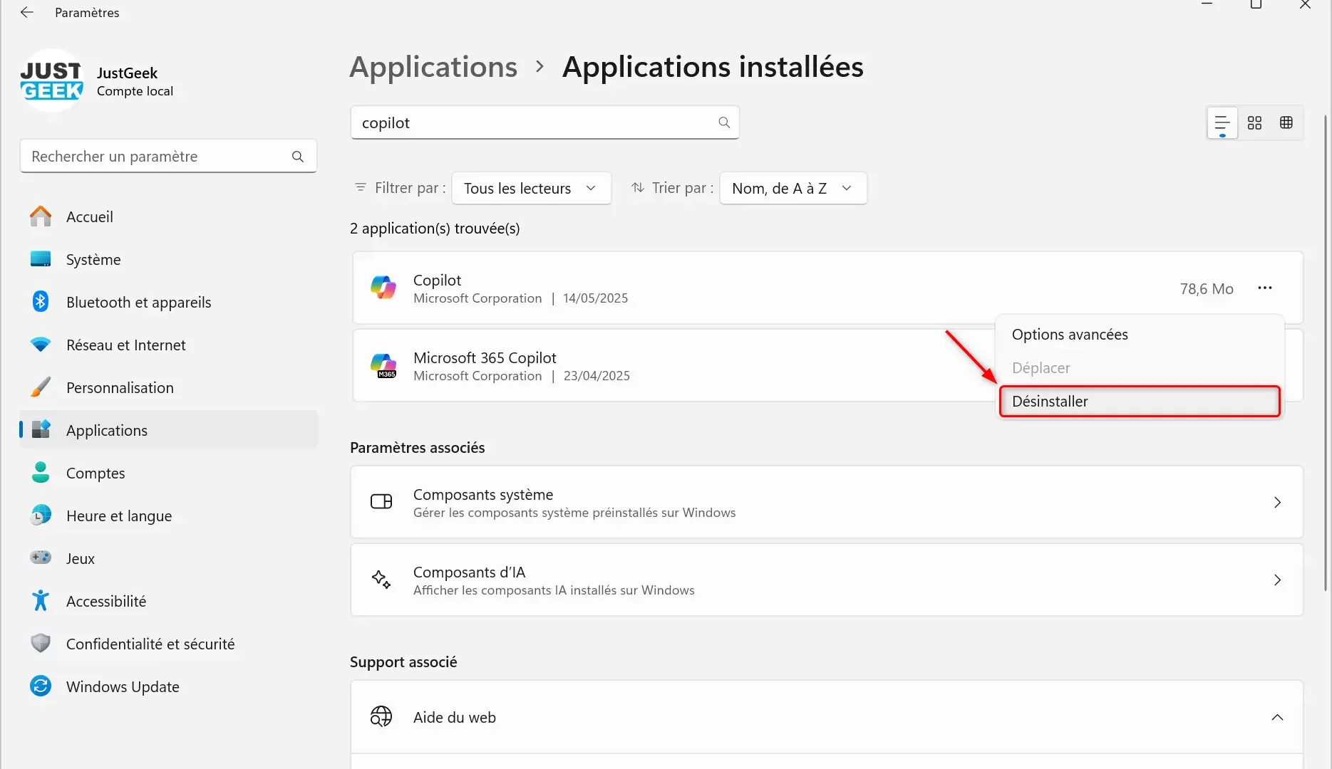 Désinstallation de l’application Copilot depuis les paramètres de Windows 11