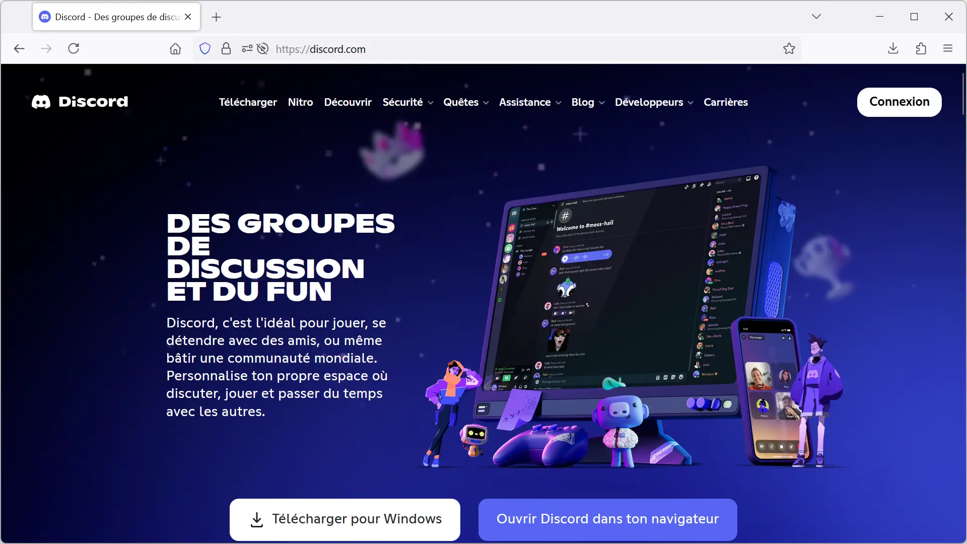 Page d’accueil du site officiel de Discord avec visuel de l’interface et personnages illustrés
