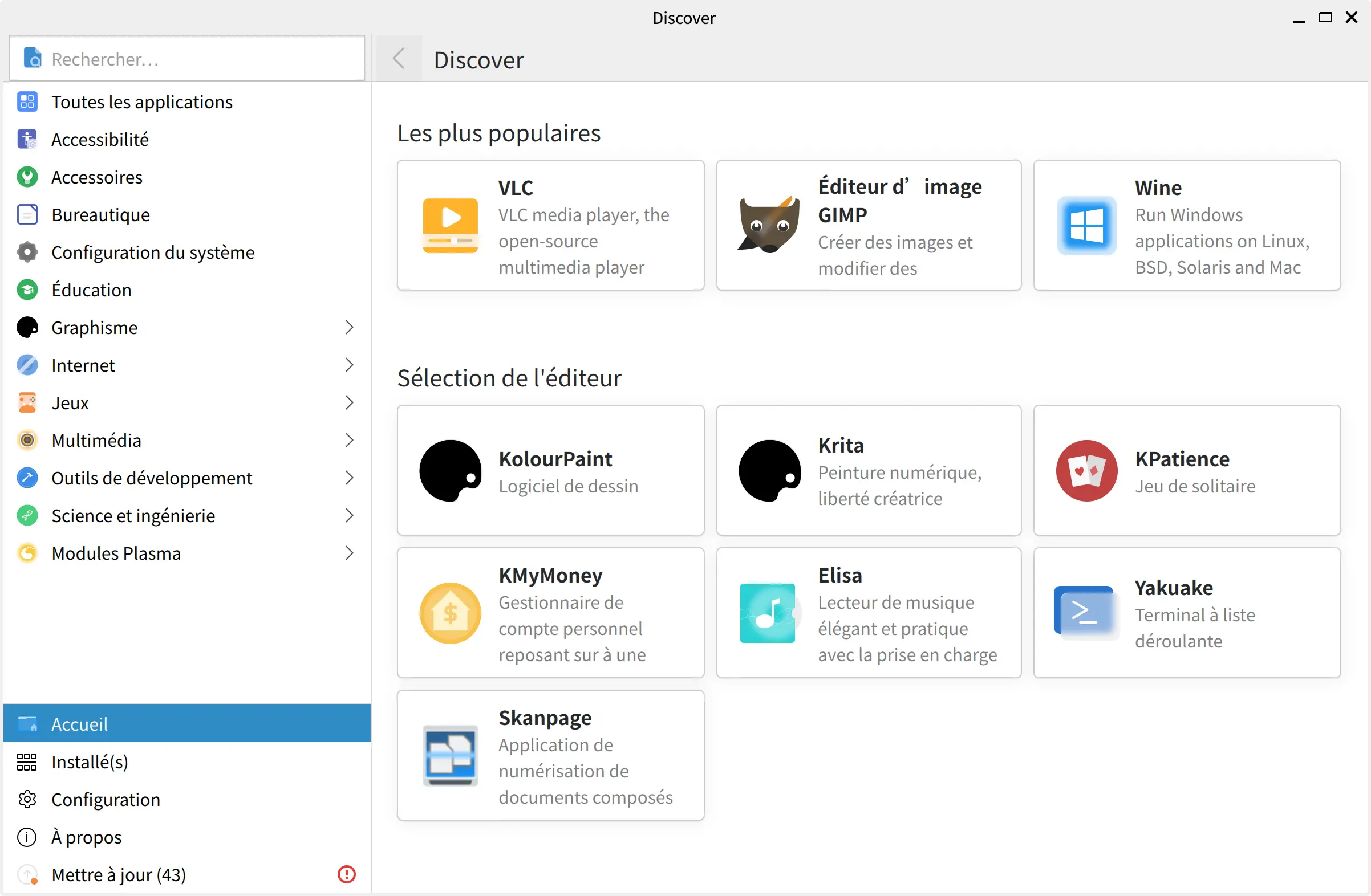Interface du magasin d’applications KDE Discover sous Linux