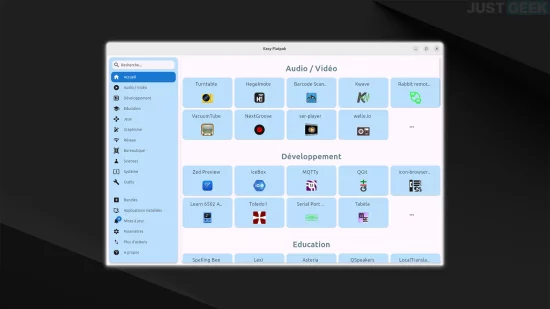 Interface principale de l'application Easy Flatpak sur Linux, avec les catégories d'applications affichées