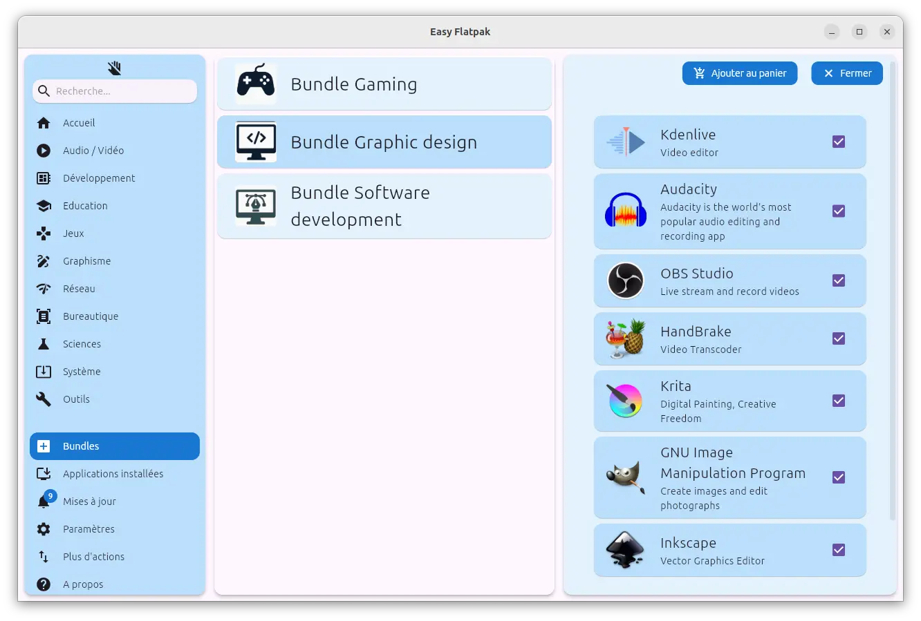 Interface de sélection des bundles d’applications dans Easy Flatpak