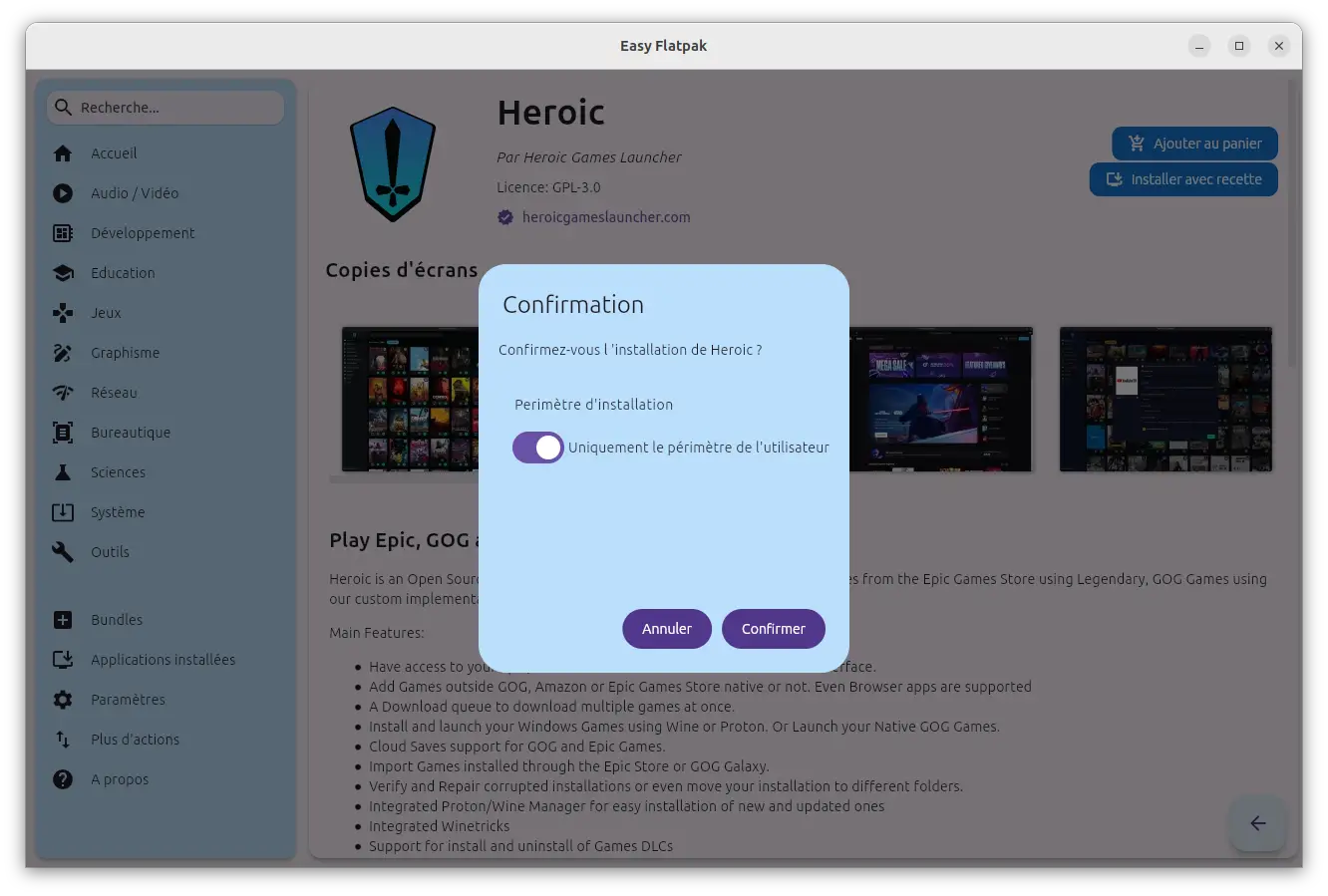 Fenêtre de confirmation d’installation de Heroic dans Easy Flatpak