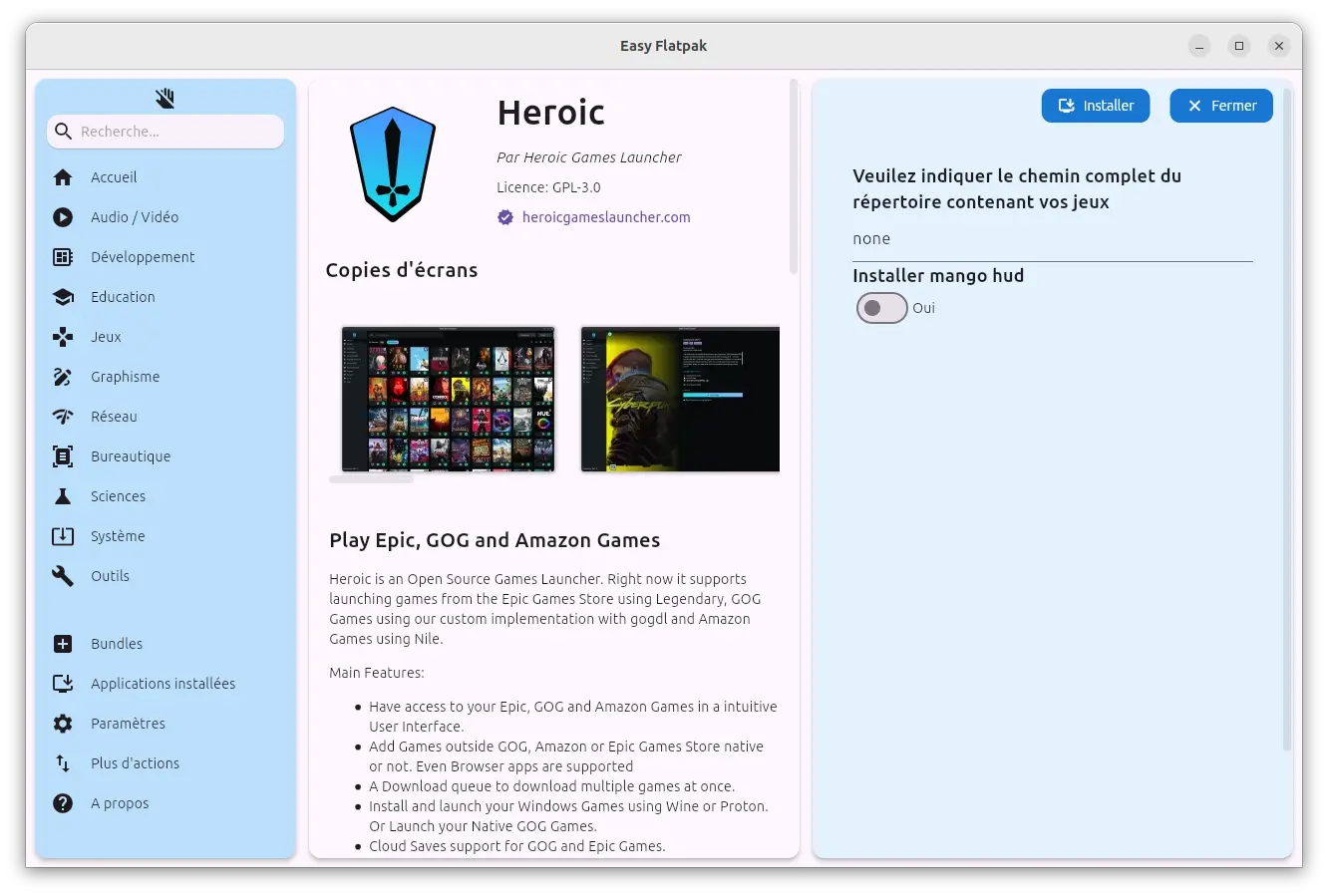 Paramètres supplémentaires lors de l’installation de Heroic dans Easy Flatpak