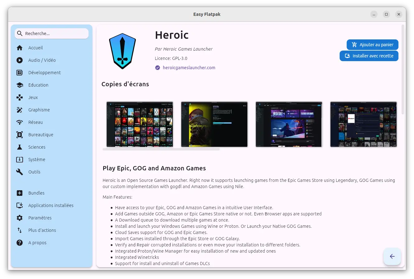 Interface de présentation de Heroic Games Launcher dans Easy Flatpak