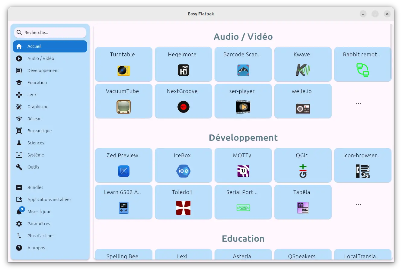 Interface principale d’Easy Flatpak avec les catégories d’applications affichées à gauche