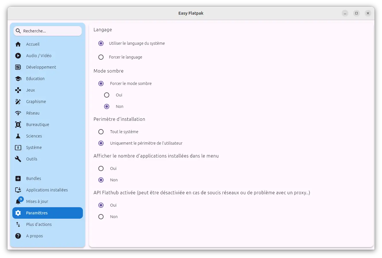 Paramètres d’Easy Flatpak incluant langue, mode sombre et périmètre d’installation