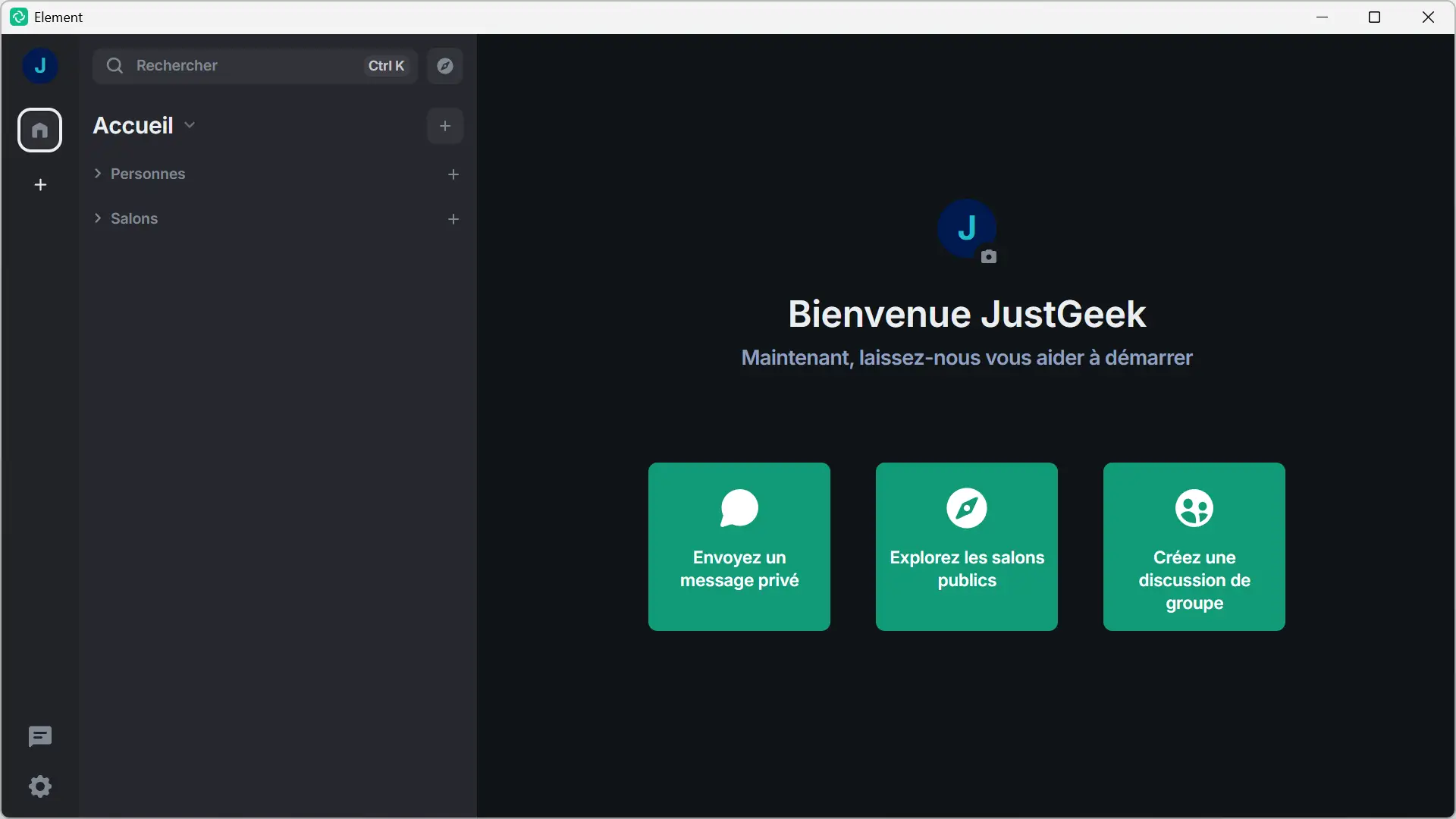 Interface de l'application Element sur Windows, écran d'accueil avec les options de messagerie