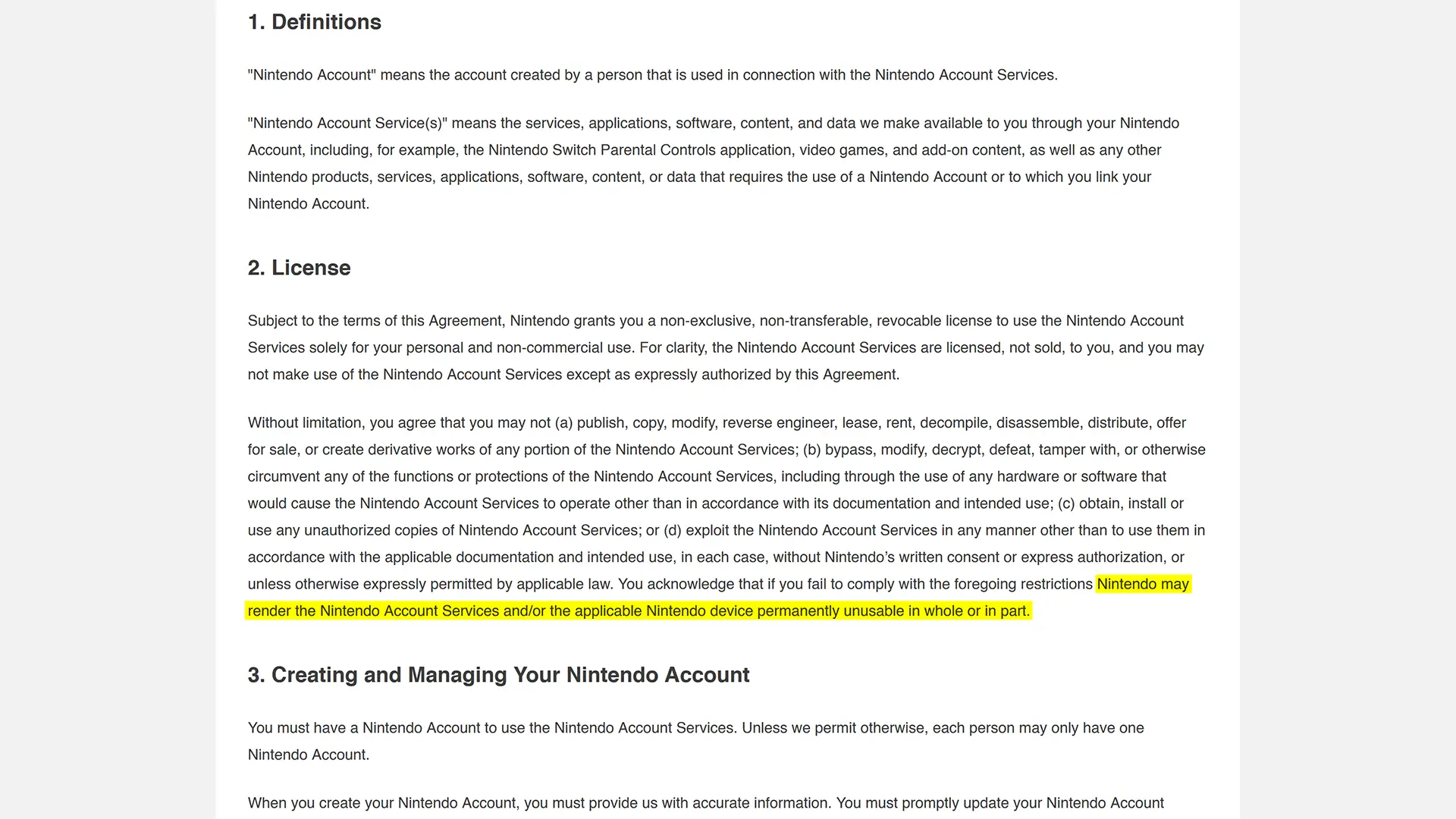 Extrait du contrat utilisateur Nintendo mis à jour en mai 2025, mentionnant la possibilité de rendre une console inutilisable