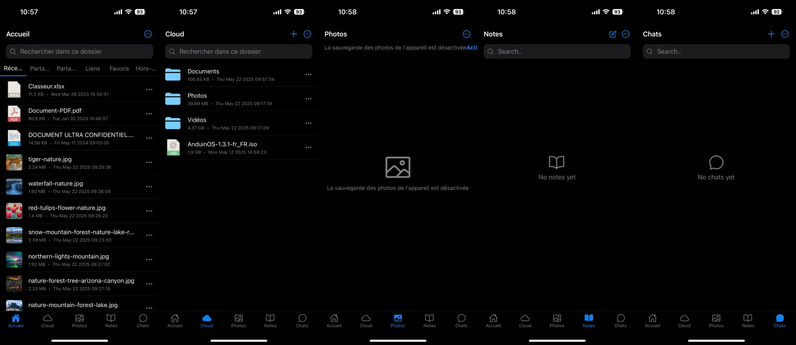 Interface de l'application Filen sur iPhone