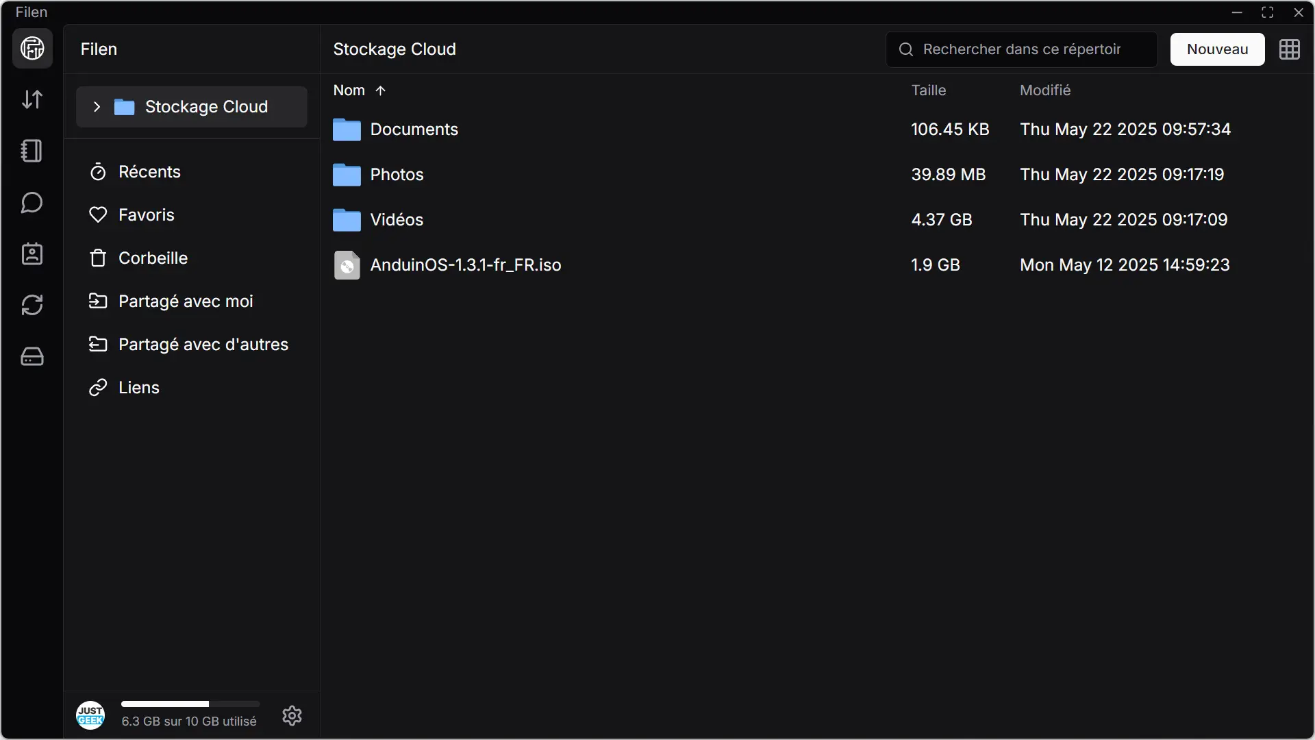 Interface de l'application Filen sur Windows