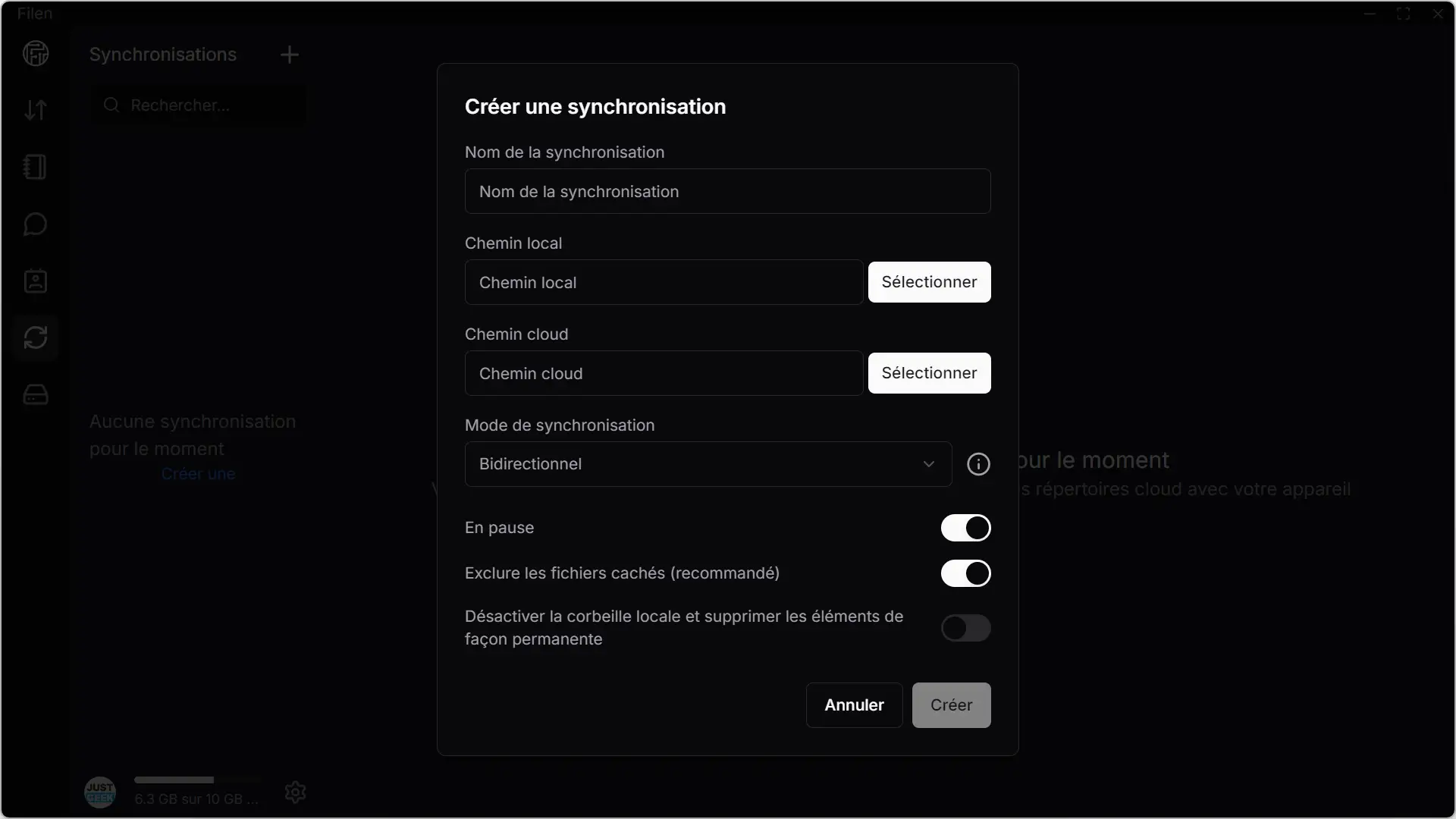 Fenêtre de création d’une synchronisation entre un dossier local et le cloud Filen, avec options bidirectionnelles.