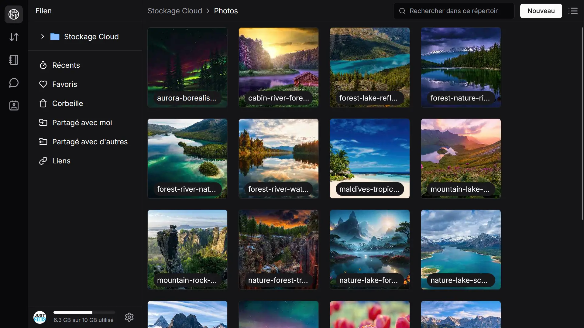 Vue en grille des photos stockées dans Filen