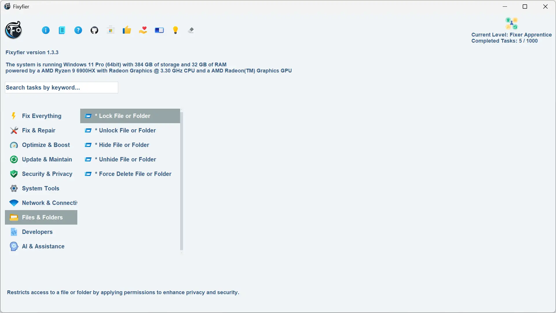 Menu Files & Folders de Fixyfier avec options de verrouillage, suppression forcée et dissimulation de fichiers.