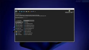 Interface principale du logiciel Fixyfier en mode sombre, affichant les catégories d’outils de maintenance Windows.