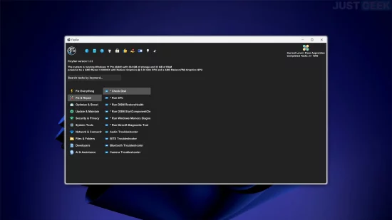 Interface principale du logiciel Fixyfier en mode sombre, affichant les catégories d’outils de maintenance Windows.