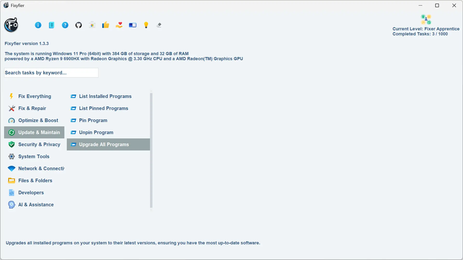 Interface de Fixyfier avec les options pour mettre à jour tous les programmes installés.