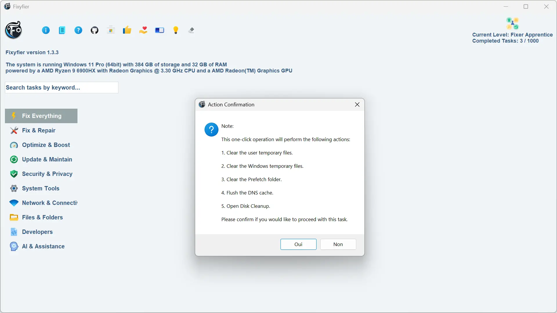 Interface de Fixyfier affichant les actions de nettoyage des fichiers temporaires et du cache DNS.