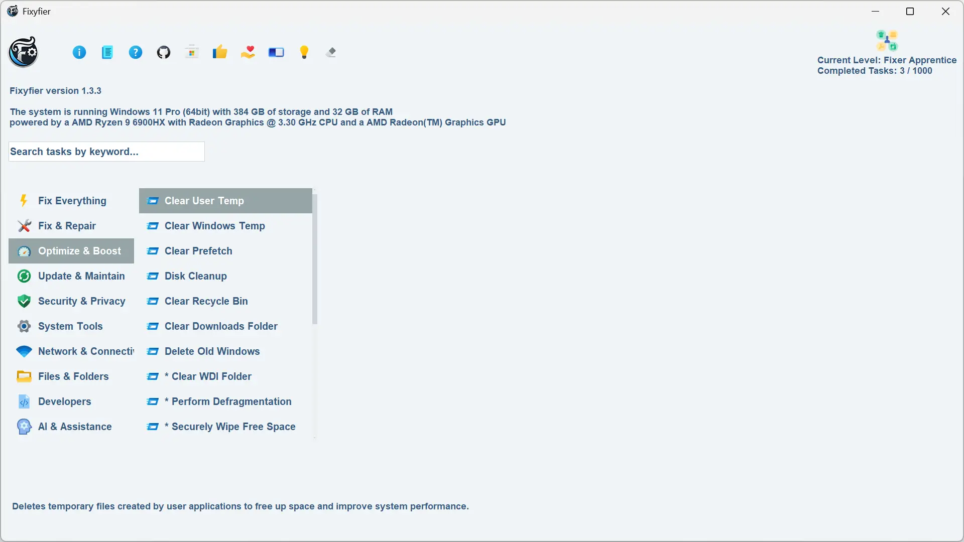 Section Optimize & Boost de Fixyfier montrant les outils pour nettoyer les fichiers temporaires, la corbeille et plus.