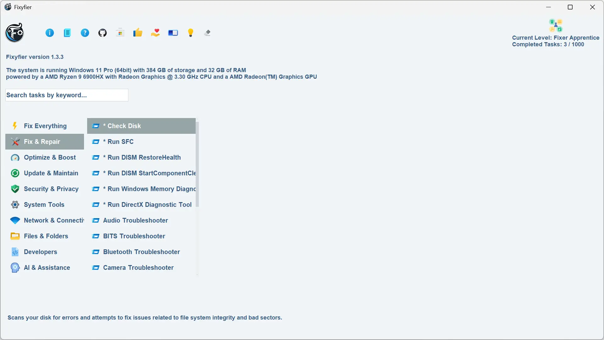 Menu Fix & Repair de Fixyfier avec les options SFC, DISM, Check Disk et diagnostics système.