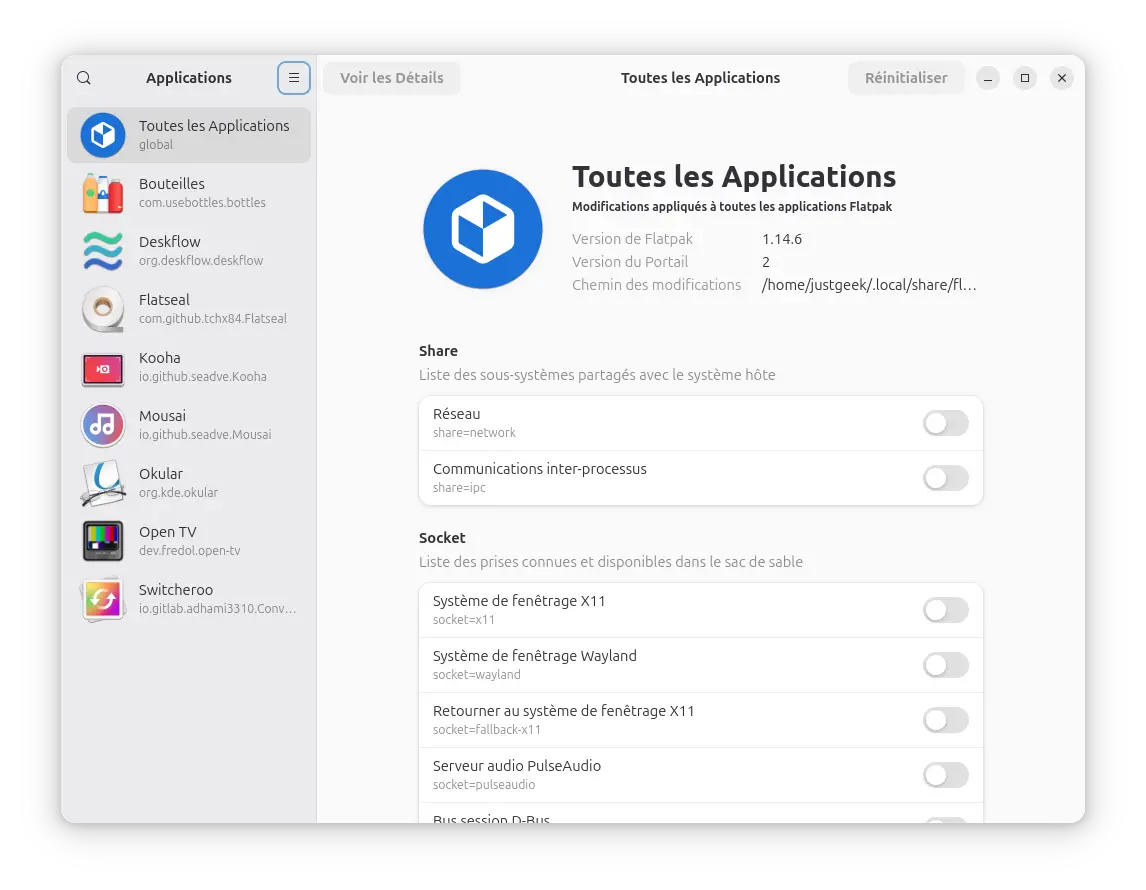 Interface de Flatseal affichant les permissions globales des applications Flatpak sous Linux