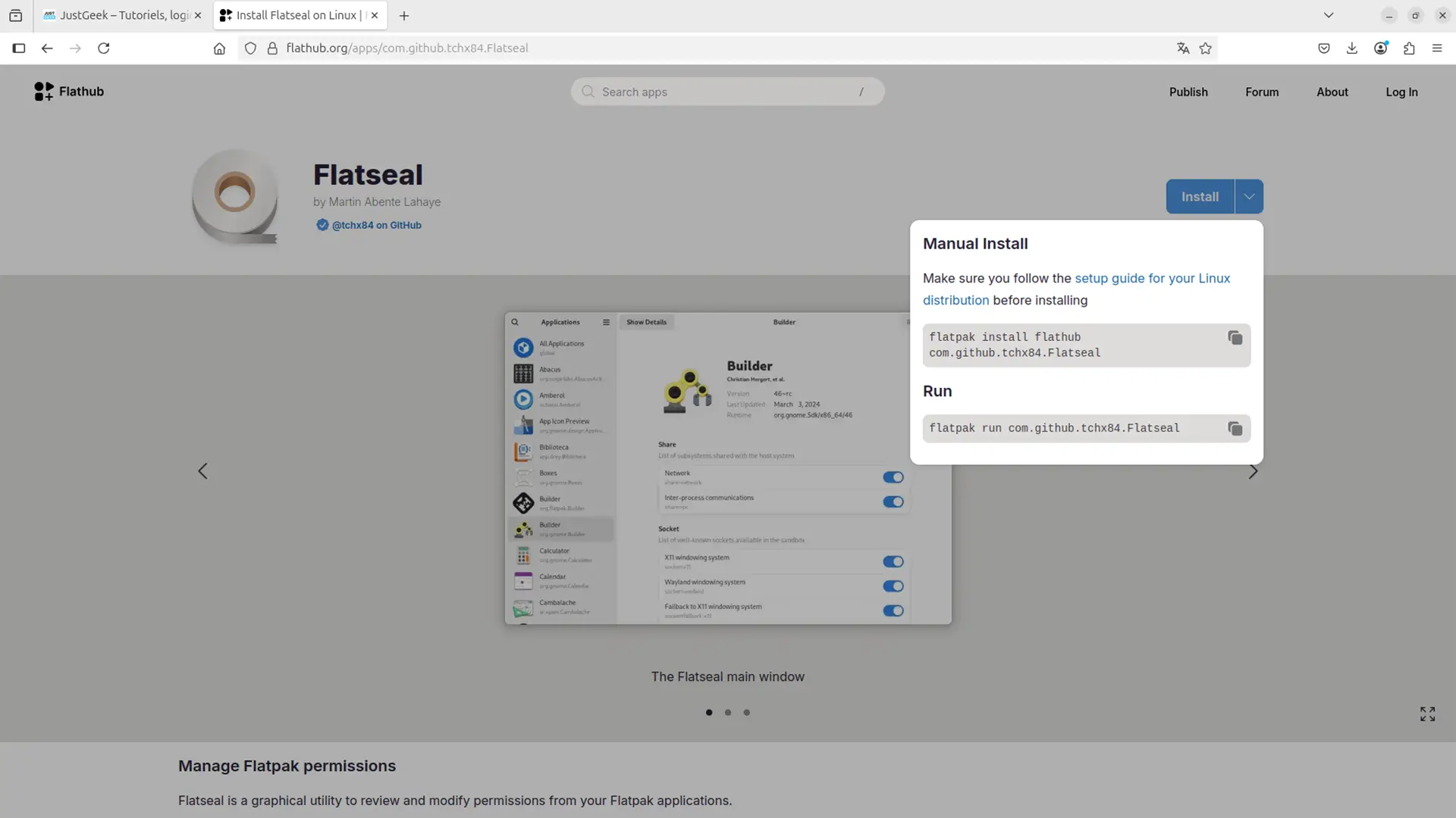 Page de présentation de l'application Flatseal sur le site Flathub, avec les commandes d'installation et d'exécution