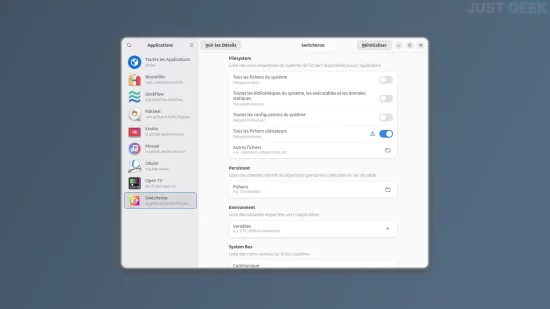 Interface de Flatseal sous Linux affichant les permissions de l’application Switcheroo