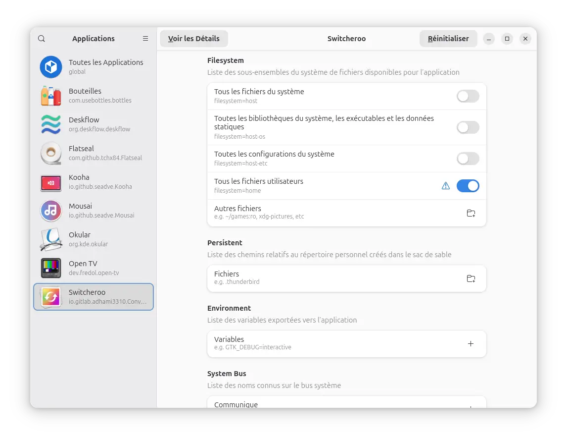 Fenêtre de Flatseal montrant les permissions activées pour l’application Switcheroo