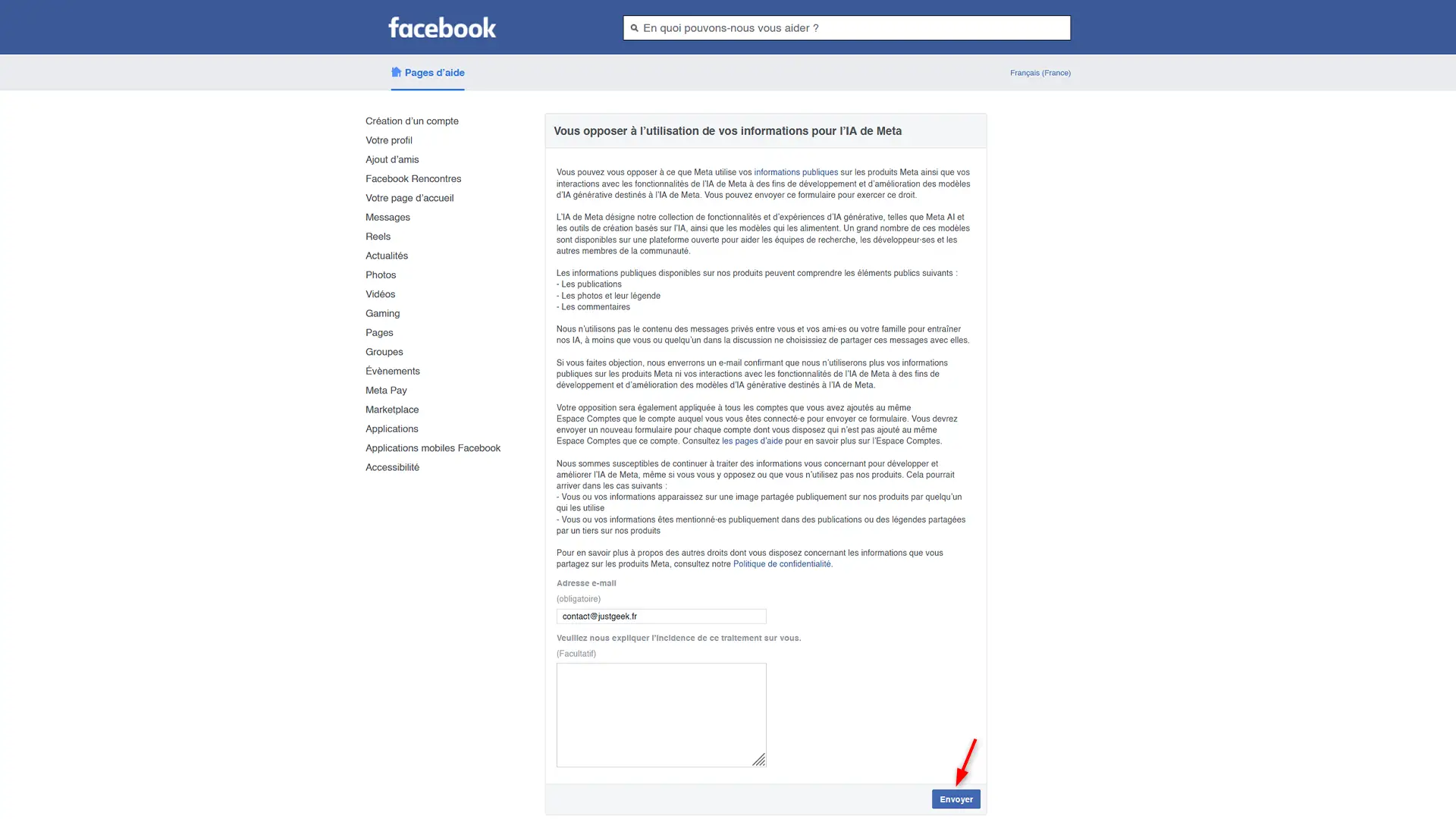 Formulaire Facebook avec le bouton Envoyer pour refuser l'utilisation de ses données par Meta AI