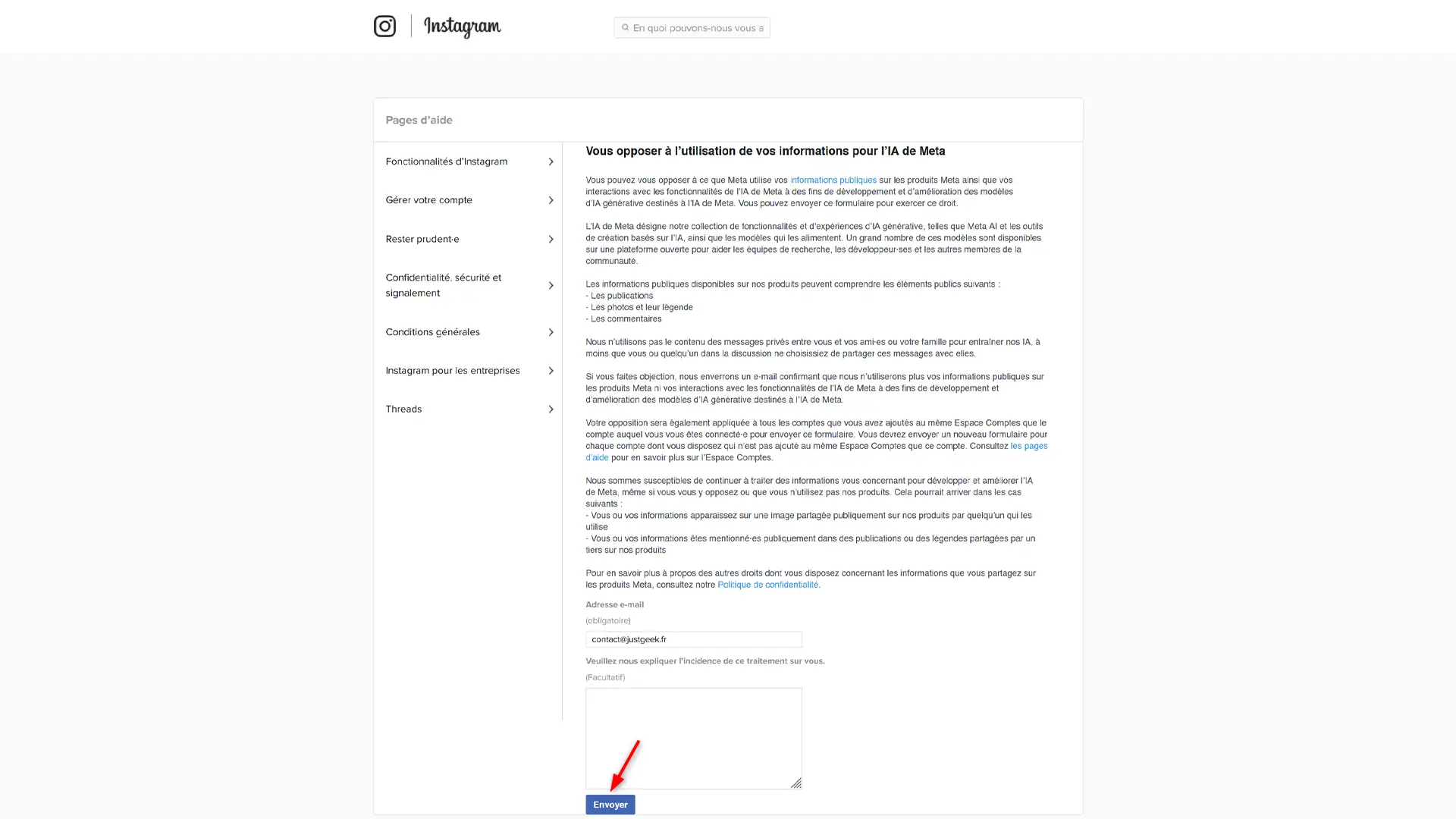 Formulaire Instagram avec bouton Envoyer pour refuser l’utilisation de ses données par Meta AI