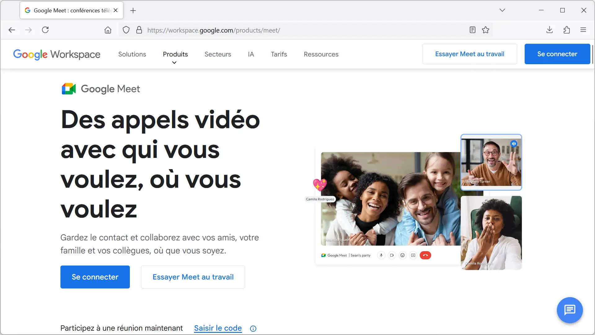 Page d’accueil de Google Meet sur le site workspace.google.com