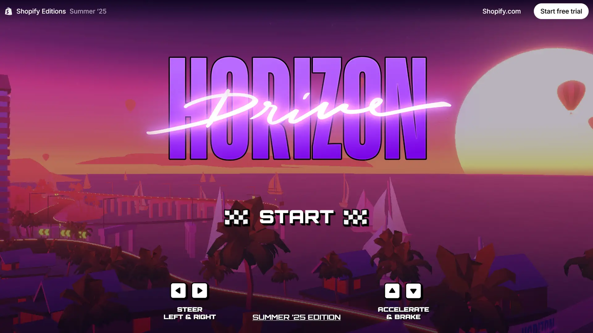 Écran de démarrage du jeu Horizon Drive lancé par Shopify avec une ambiance rétro néon