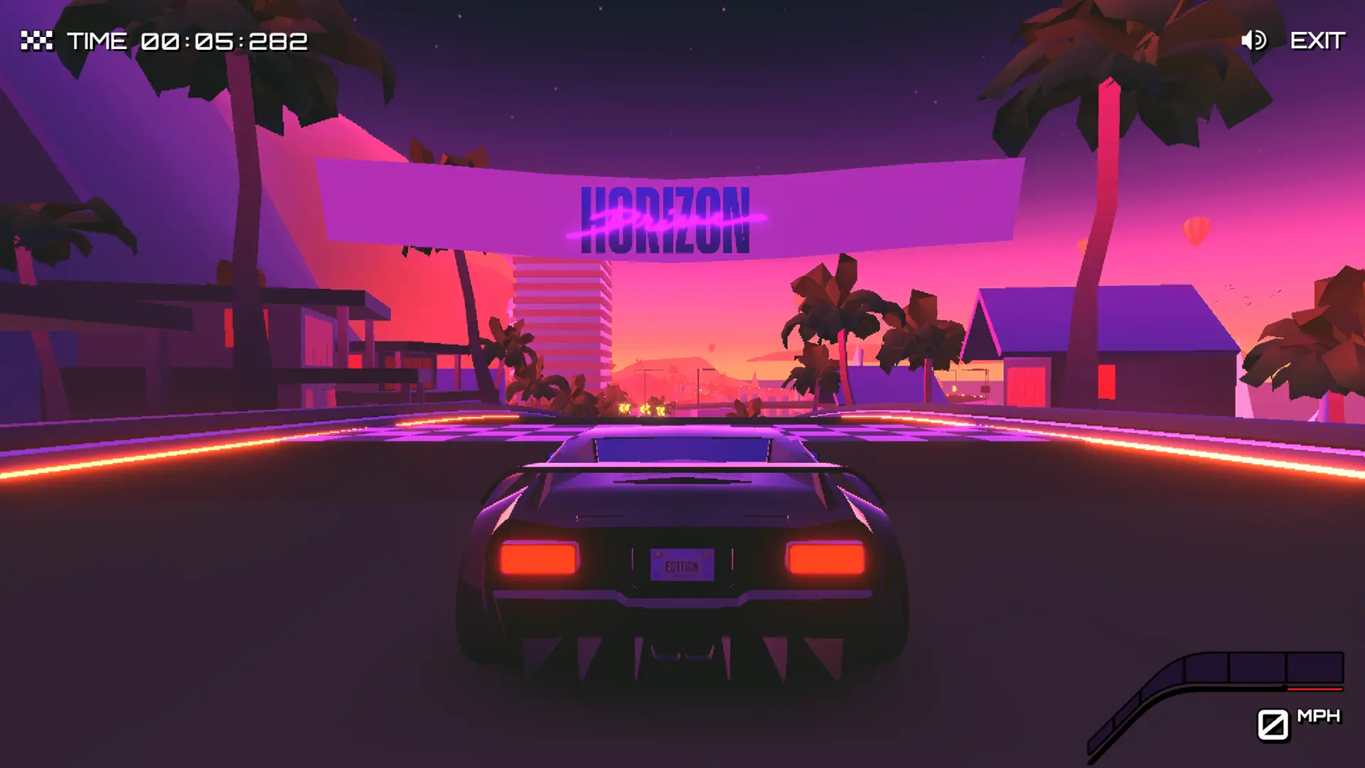 Vue depuis la voiture dans le jeu Horizon Drive, développé par Shopify pour la Summer Edition 2025