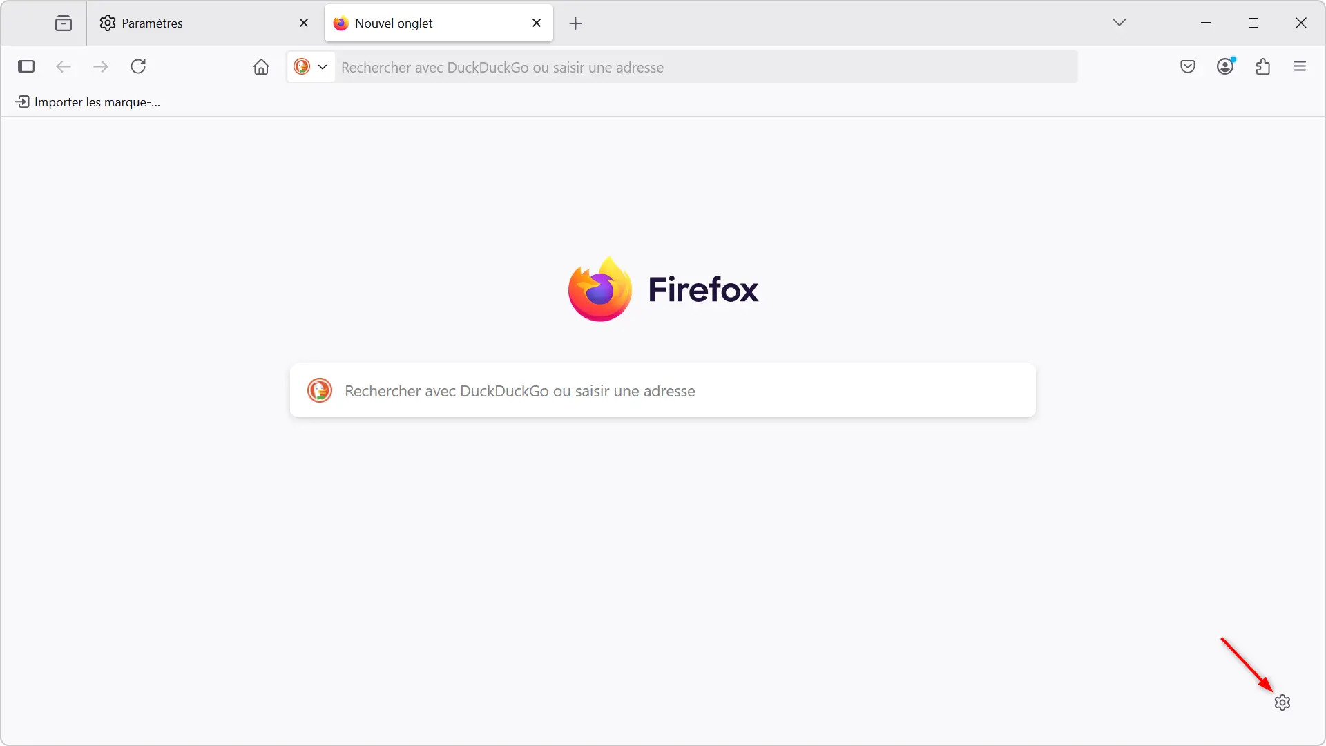 Icône des paramètres sur la page Nouvel onglet de Firefox