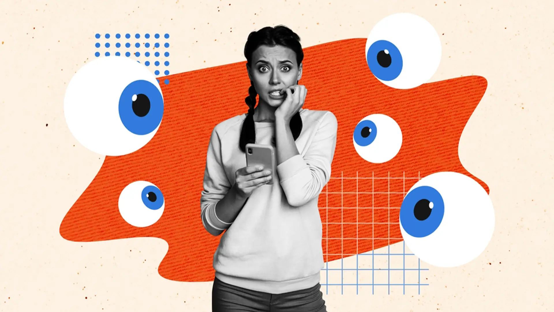 Illustration d’une femme inquiète tenant un smartphone, entourée de regards symbolisant la surveillance numérique