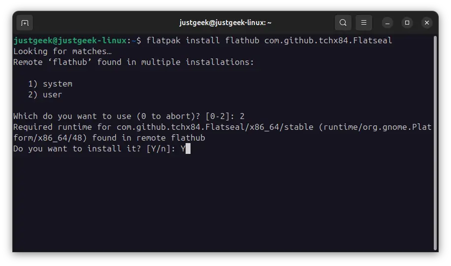 Installation de Flatseal via Flathub avec la commande Flatpak dans le terminal sous Linux