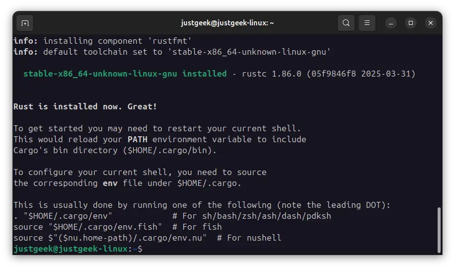 Installation de Rust via rustup et ajout automatique du chemin cargo au PATH sur Linux