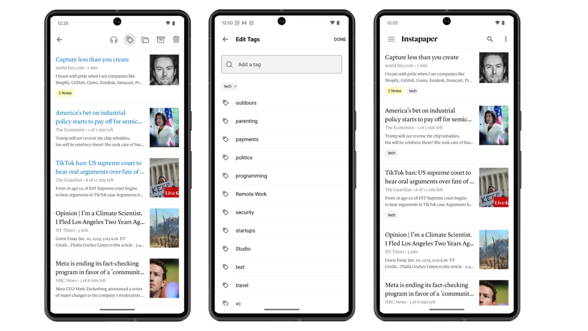 Interface mobile d’Instapaper sur Android avec gestion des tags et liste d’articles sauvegardés