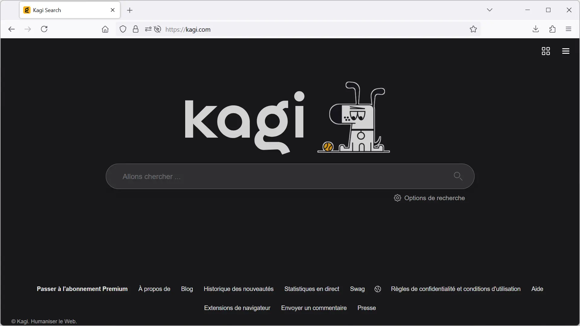 Page d'accueil de Kagi Search avec champ de recherche et interface sombre.