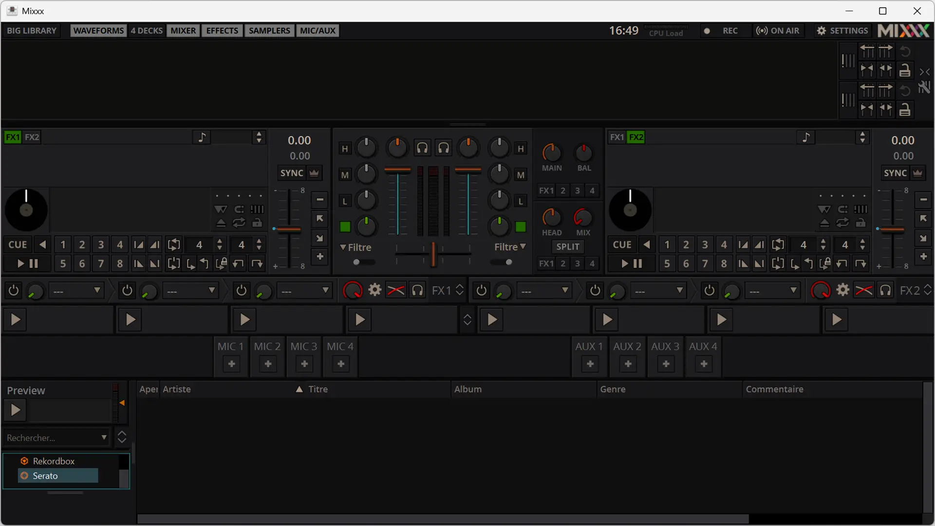 Interface du logiciel DJ Mixxx sous Windows, avec les decks, effets, samplers et entrées micro