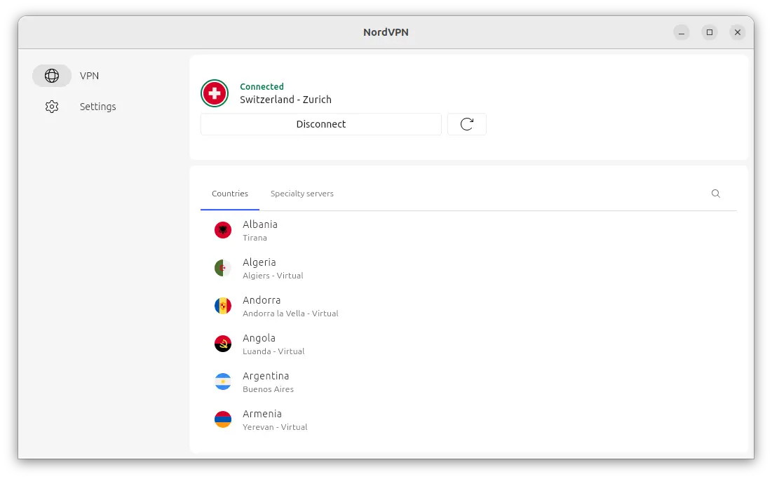 NordVPN connecté à un serveur en Suisse sur Linux avec liste des serveurs disponibles