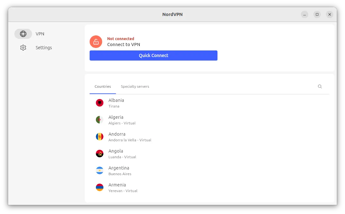 Interface principale de NordVPN sur Linux avec bouton de connexion rapide et liste des pays disponibles