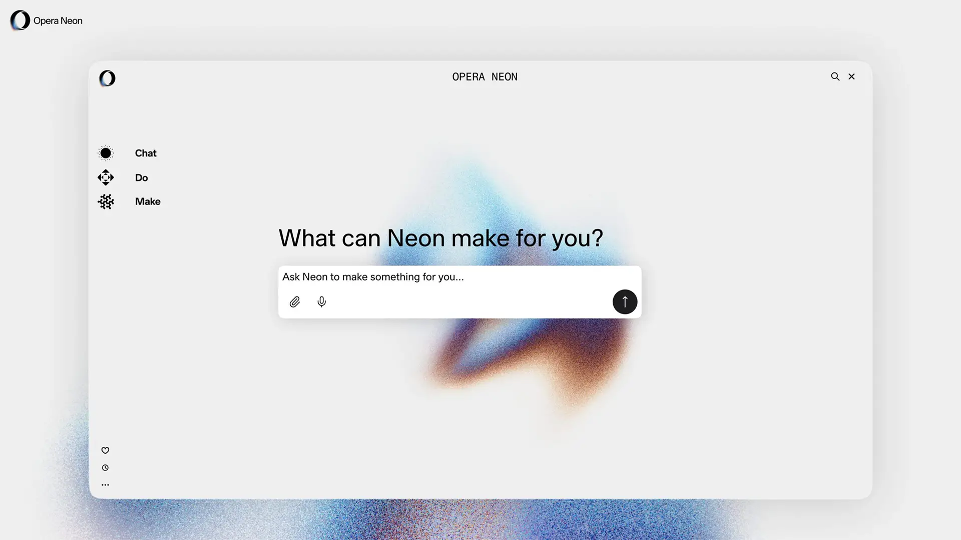 Interface principale du navigateur Opera Neon avec champ de commande IA