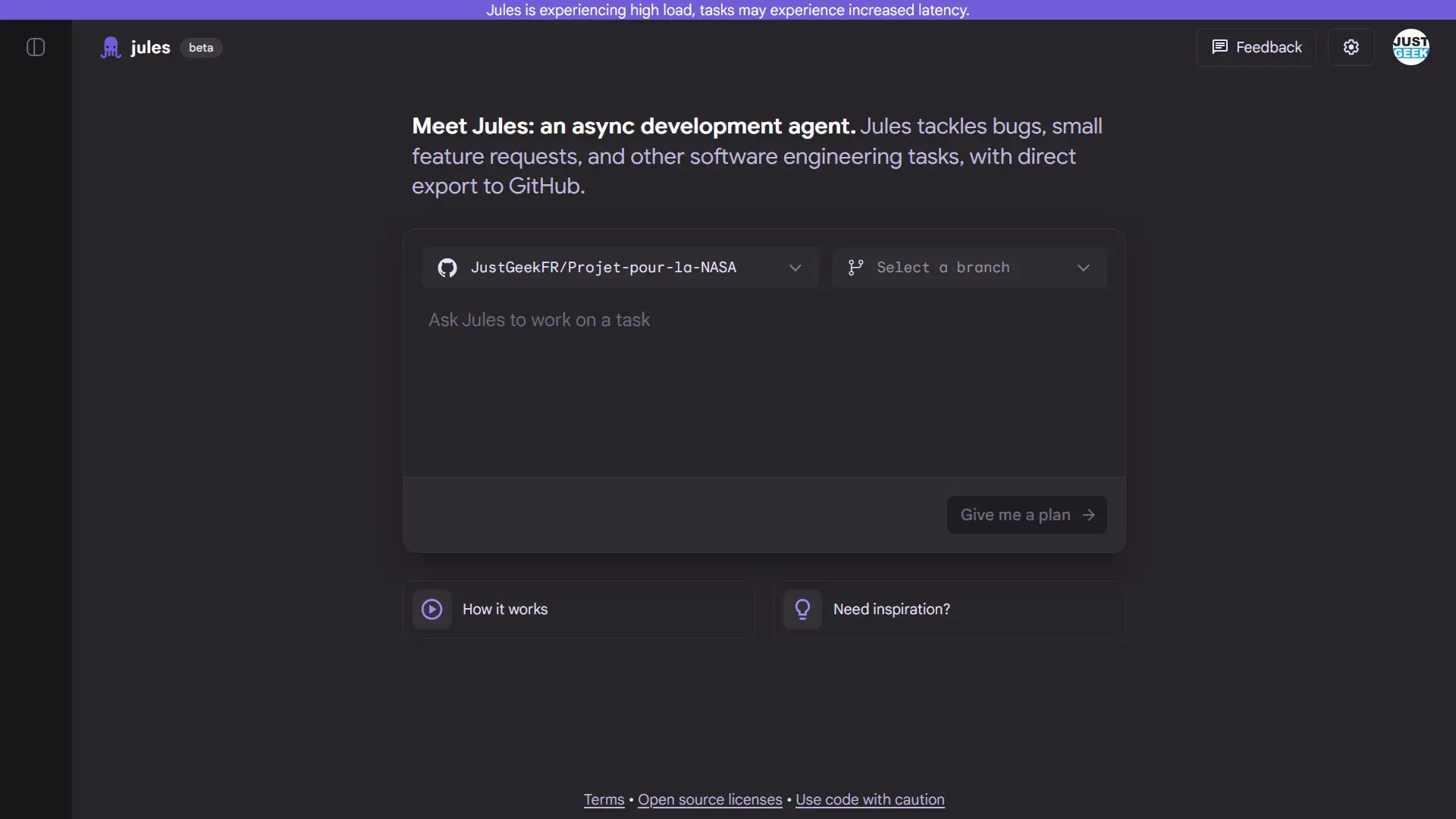 Interface principale de Jules montrant la sélection du dépôt GitHub et la zone pour soumettre une tâche