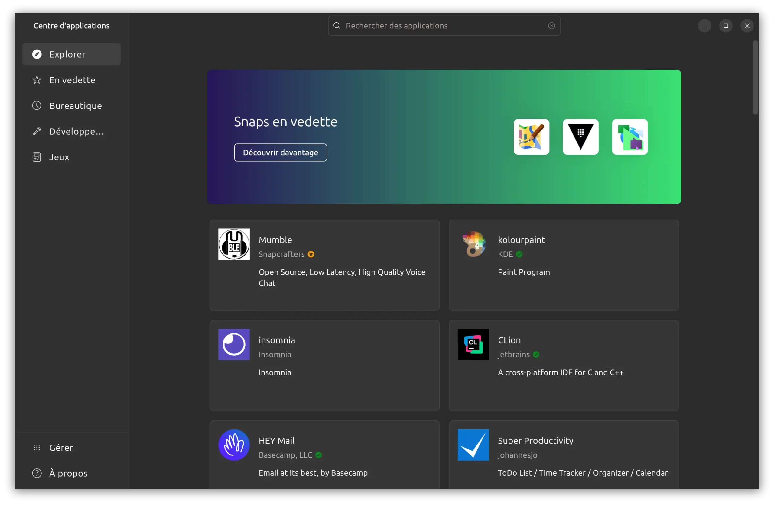 Interface du Snap Store sur une distribution Linux