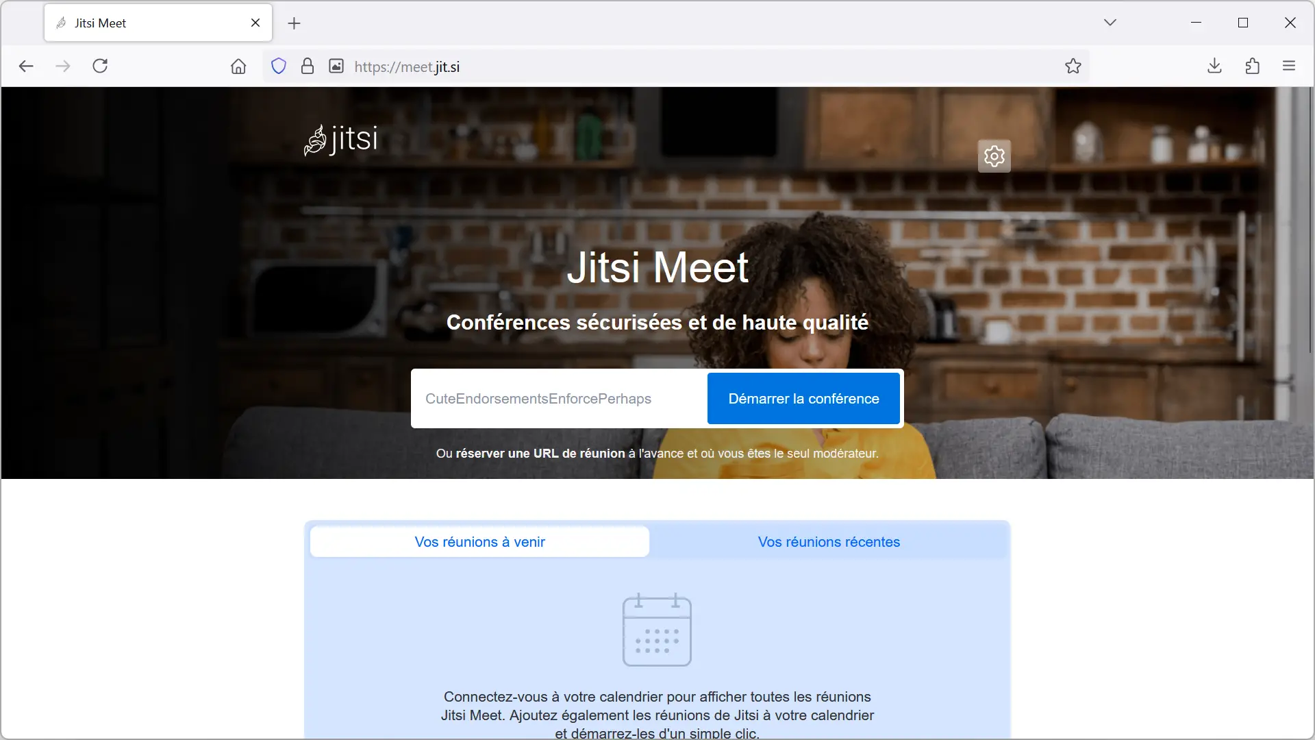 Interface web de Jitsi Meet avec le bouton pour démarrer une conférence