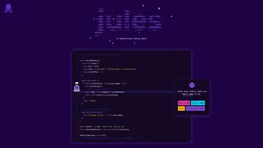 Illustration de Jules, l’agent IA de Google, en train d’optimiser du code JavaScript dans un environnement visuel animé