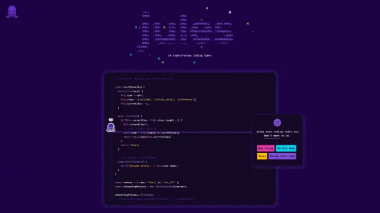 Illustration de Jules, l’agent IA de Google, en train d’optimiser du code JavaScript dans un environnement visuel animé