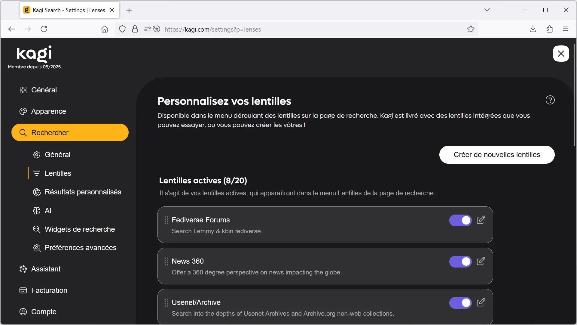 Paramètres de recherche Kagi avec options de lentilles personnalisées activées.