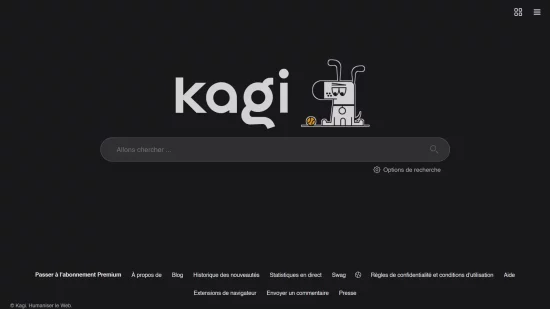 Page d’accueil du moteur de recherche Kagi avec interface sombre et logo illustré.