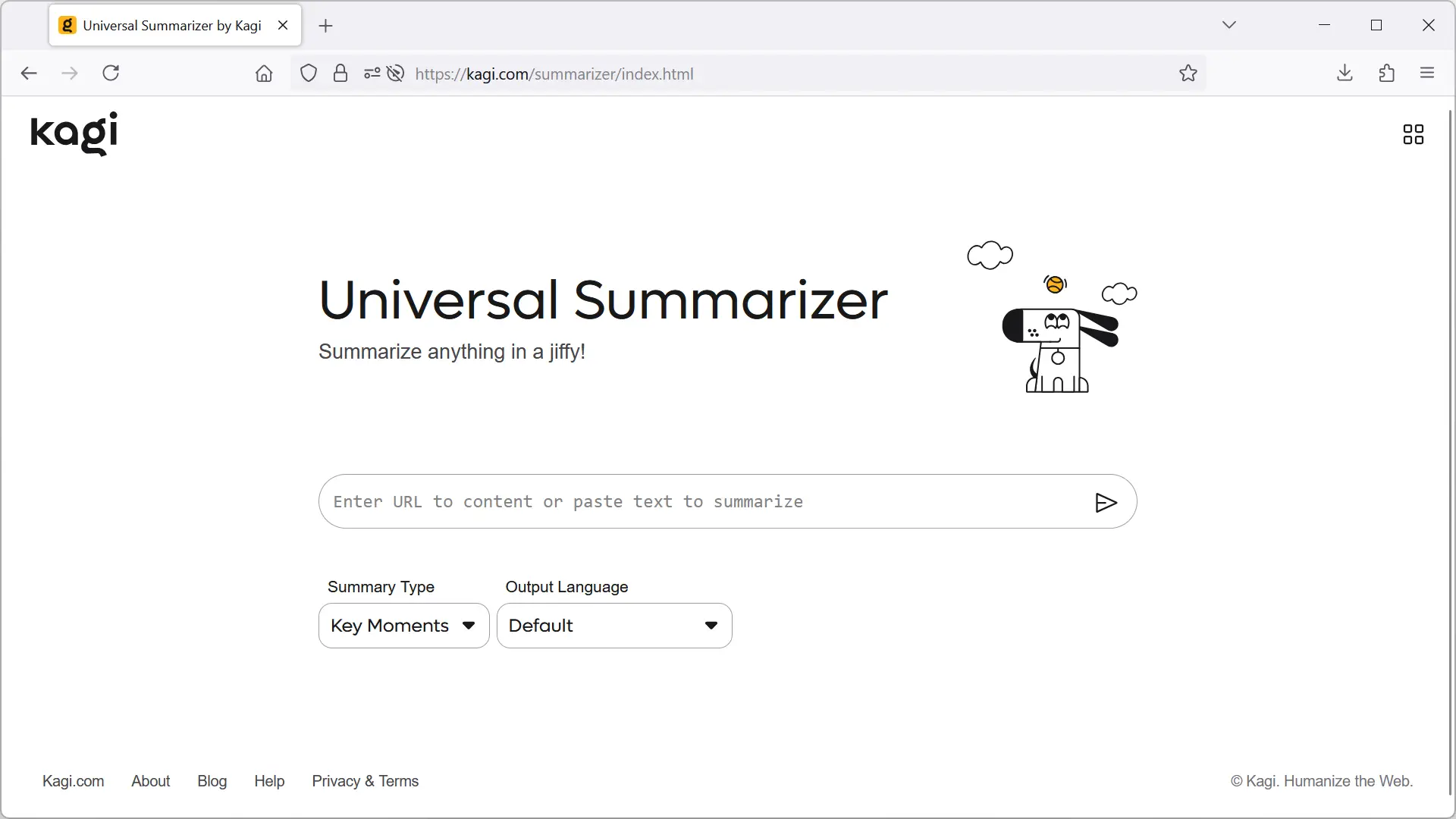 Interface de l'outil Universal Summarizer de Kagi pour résumer une URL ou un texte.